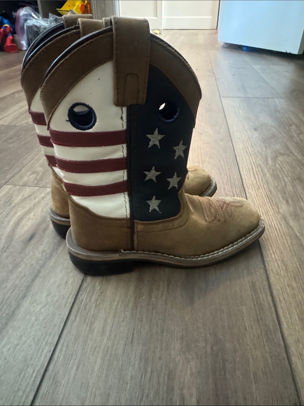 Kids Cowboy Boots with American Flag Design - Brown, Red, White & Blue